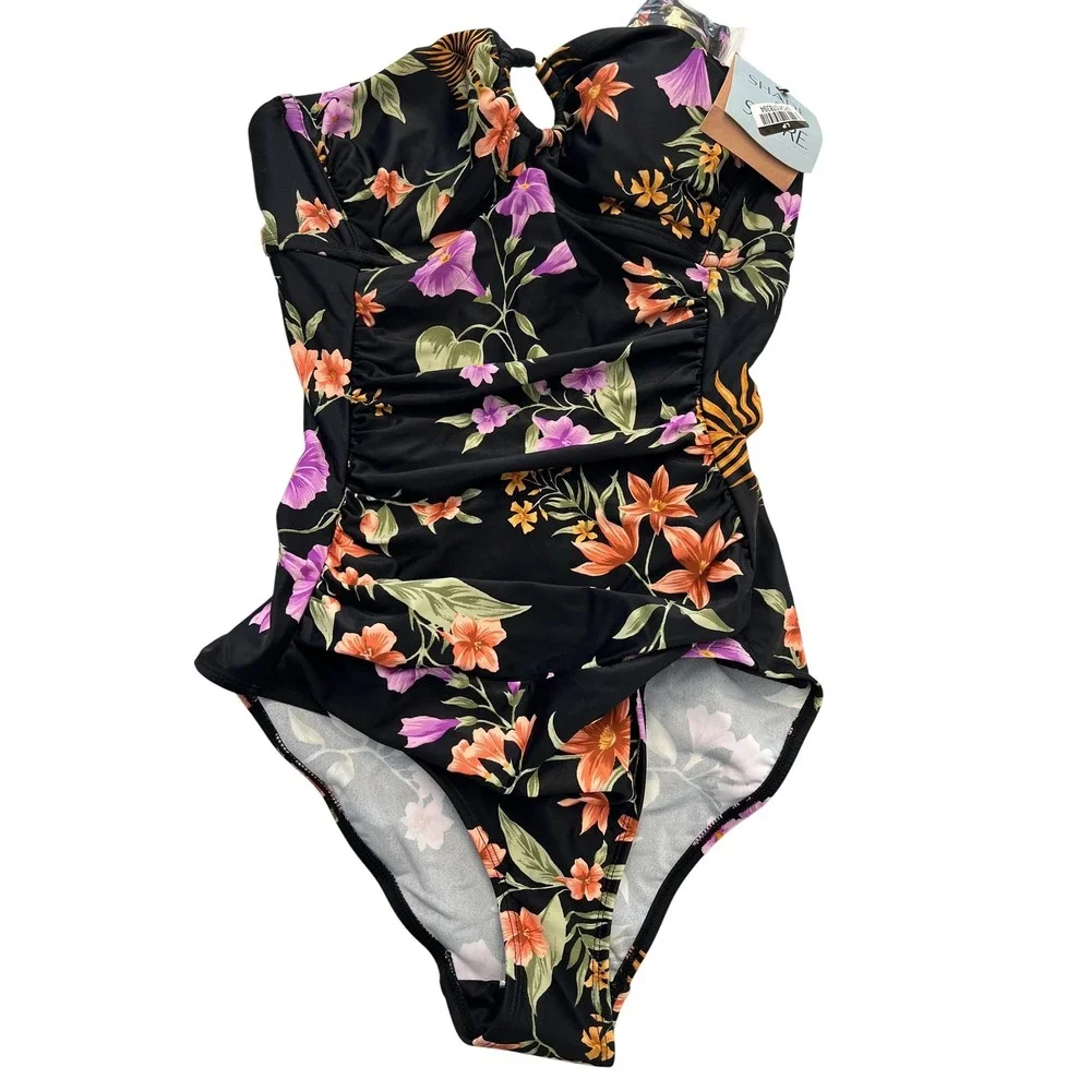 Shade & Shore One Piece Swimsuit Womens‎ Small Black Floral Bandeau Halter Strap